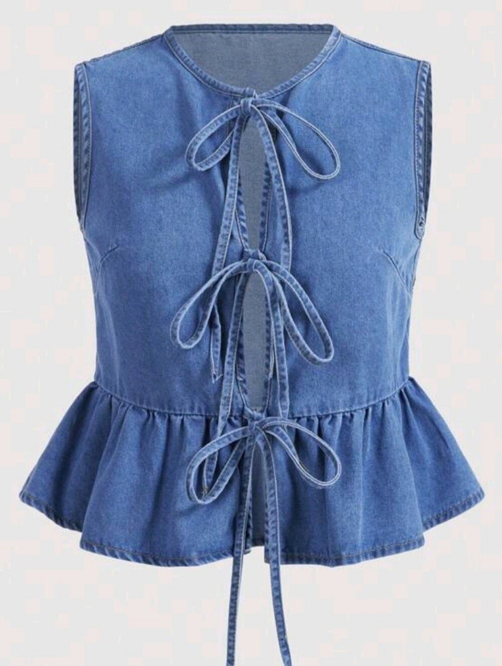Sleeveless Blue Denim Peplum Tie-Front Top